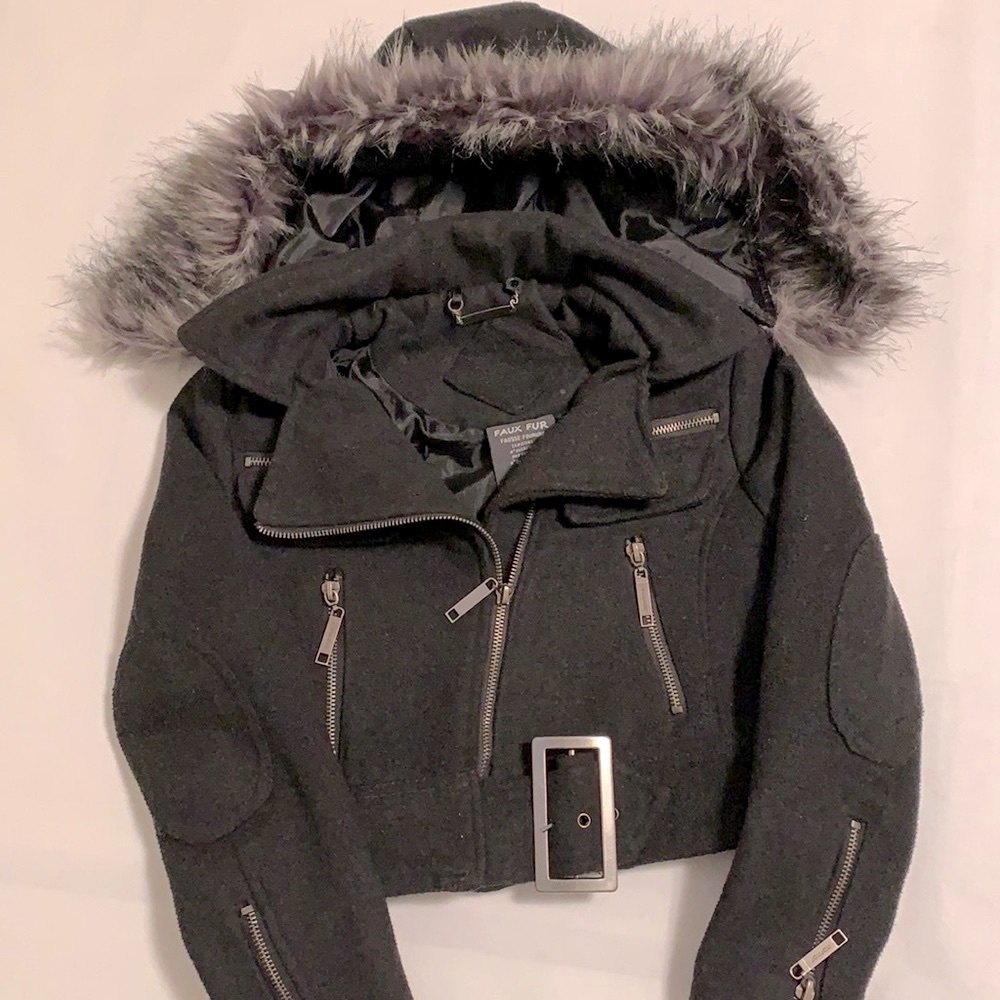 Cropped Wool Blend Hooded Moto Jacket size Small 7-8
